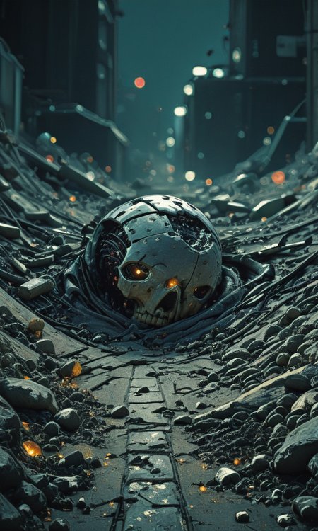 high angle, broken dramatic, search-light, at night,  <lora:- iLL - the_edgy_mech_V2.0-step000013500:.5>,    <lora:- iLL - master_of_slob_omnom_V1.0-step00003500:0.8> <lora:ck-nc-cyberpunk-IL:0.4>