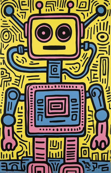masterpiece,best quality,<lora:tbh164-sdxl:0.9>,illustration,style of Keith Haring, portrait of Housework robots