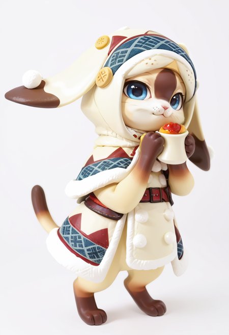 (score_9:0.9),score_8_up,score_7_up,rating_safe,anime style,(zPDXL),<lora:lagombi armor ponyXL v1:0.8>, lagombi cat, white cat, simple background, white background, full body, looking at viewer, holding, holding hood