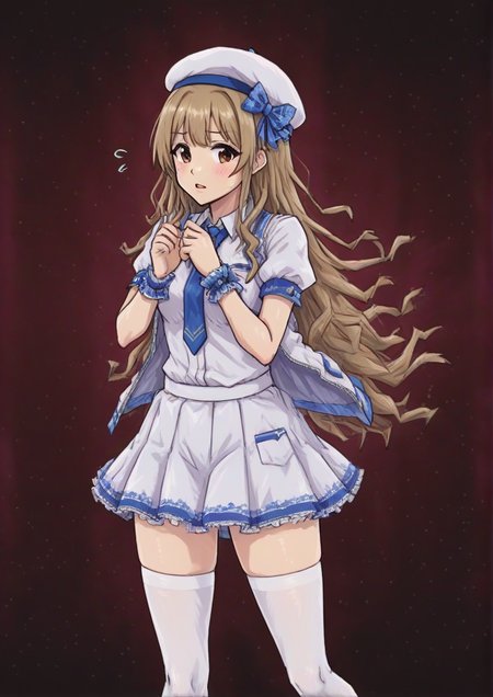 1girl,morikubo nono,@_@, beret, blue necktie, bow, brand new seasons (idolmaster), brown eyes, flying sweatdrops, hands up, hat, jacket, light brown hair, long hair, looking away, looking to the side, necktie, parted lips, plaid, plaid bow, puffy short sleeves, puffy sleeves, red bow, shirt, short sleeves, skirt, solo, thighhighs, very long hair, white headwear, white jacket, white shirt, white skirt, white thighhighs, wrist cuffs, ,zPDXL3   <lora:Pricklyx:1>