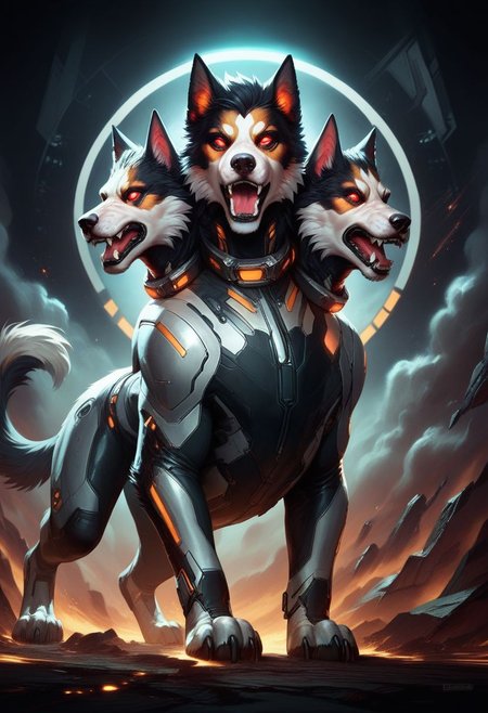 score_9, score_8, 
science fiction, dust, a handsome cerberus, exploration bodysuit