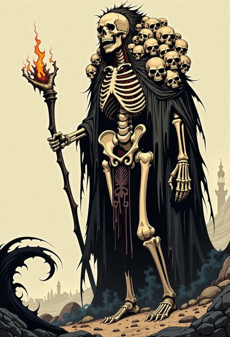 A hauntingly hyperrealistic concept art piece in a dramatic manga style, blending bold, expressive brushstrokes with a dark, abstract horror aesthetic. The scene features an immense human skeleton, towering over the environment, its body a macabre amalgamation of countless smaller skeletons forming its armor. The torso is a labyrinth of layered ribcages and skulls, cracked open to reveal swirling dead matter within. The skeleton's posture is hunched, its left leg formed from a dog's bone, contrasting with its right, human-like limb, creating a slow, limping gait. Draped in a tattered, shadowy cloak with bones and skulls protruding, the figure emerges from a desolate wasteland under a haunting, eerie light. Its skeletal hands grasp a massive, jagged scythe with a rough, curved blade, its handle a skeletal column. The atmosphere is thick with dread, illuminated by an ominous glow, casting long, ominous shadows that add to the unsettling horror of the scene., drkfnts style, psychedelic sketch.,Hyperrealistic horror concept art, manga style, dramatic abstract brushstrokes, gigantic human skeleton, smaller skeletons as armor, ribcages and skulls covering torso, hunched posture, dog's leg on left, human bone on right, slow limp, tattered shadowy cloak, bones protruding, skeletal hands, jagged scythe, rough curved blade, skeletal handle, desolate wasteland, eerie light, ominous glow, long shadows, unsettling atmosphere, bold expressive details, dark abstract elements, haunting imagery, hyper-detailed, cinematic lighting, intense shadows, vibrant color contrasts, dynamic composition, dramatic posing, intricate textures, bone-like structures, abstract horror, manga-inspired, hyperrealistic, concept art, horror, abstract, bold, dramatic, skeletal, scythe, dark, eerie, haunting, desolate, wasteland, intense, vivid, detailed, dynamic., drkfnts style, psychedelic sketch.,<lora:Illustration V5:0.22><lora:MoriiMee_Gothic_Niji_Style_FLUX:0.442><lora:sxz-Dark-Fantasy-v2-Flux:0.267> drkfnts style,<lora:Psychedelic_CMYK-000009:0.278> psychedelic sketch