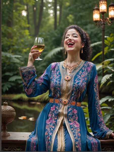 photograph, summer lake, Chinese (Ilana Glazer:1.3) , she is Ethereal, inside a Snifter, yawning, at Twilight, Victorian Gothic Art, dramatic lighting, Fast Shutter Speed, Fuji superi400, Depth of field 100mm, background, vivid colors, patterns, intricate designs, colorful, rich colors, <lora:Hassan_Hjjaj_Style:0.8> the, hassan, and, hjjaj, style, <lora:CaftanXLv1:0.8> qftan, woman, dress