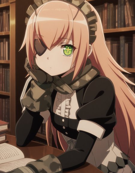 masterpiece, best quality, amazing quality,, <lora:cz2128-delta-movie3-illustriousxl-lora-nochekaiser:1>, cz2128 delta, long hair, green eyes, pink hair, symbol-shaped pupils, eyepatch, mature female, small breasts, anime screencap, maid, maid headdress, frills, puffy sleeves,, sitting, elbow rest, table,, library, books, shelves, reading, quiet, cowboy shot, solo, looking at viewer