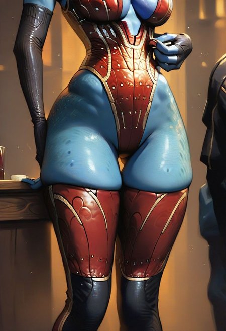 score_9, score_8_up, score_7_up, score_6_up,  score_5_up, score_4_up,samara1, lower body shot,no hair, 1girl, alien, blue skin,   solo, studio lighting, best quality, high detail, sharp focus,  upper body focus, holding waistband, pulling pants, jewellery,red skintight pants without pockets, skindentation,thigh high boots,elbow gloves,tavern lighting,bar stools,bar behind girl