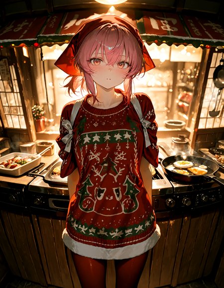 Christmas, dress, red pantyhose ,santa_hat ,Christmas sweater,
1girl, solo,   okamisty, soft lighting, behind a food stand ,pink_hair, tasuki, yatai,frying_pan, holding_frying_pan,pov,looking at viewer,
masterpiece, best quality, amazing quality, very aesthetic, absurdres,  newest, (volumetric lighting),
<lora:world_christmassweater:0.5>,<lora:cfg_scale_boost:0.5>, <lora:ponyv5_noobE11_1_adamW:0.5>, <lora:illustrious_noobai_epsilon_pred_1_best_quality_v1:0.5> ,<lora:illustrious_noobai_epsilon_pred_1_masterpieces_v1:0.5> ,<lora:illustrious_noobai_epsilon_pred_11_very_aesthetic_v1:0.5>