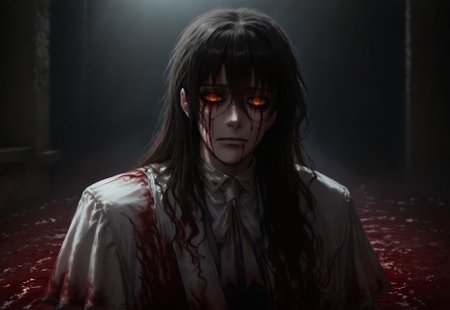 (score_9:0.9),score_8_up,score_7_up,rating_safe,anime style,(zPDXL), alucard \(hellsing\), red eyes, black hair, long hair, empty eyes, blood stained clothes, ((closed mouth)), BREAK
pond of blood,Reflections,bloody tears,Blood Bath,reflected in pond,reflected in blood, BREAK
Dark room, sitting curled up, curled up,
