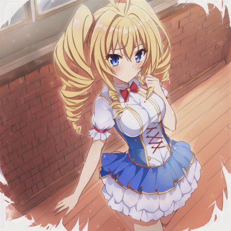 1girl, medium breasts, blonde hair, ahoge, blue eyes,drill hair, red hair tie, twin drills,hair intakes, hair between eyes, shiny hair, short twintails, sidelocks, hair ornament, <lora:ravelPhenexDxd_ravelPhenex:1>, princess dress, braid, classroom, hallway