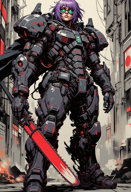 Full body view, long boots heels, A digital painting in the style of ck-js, nistyle, smoke mask, Green Glass with data and target in lens, black Full roman armor with two white four mechanical arms, missile launcher in shoulder like a mecha, hold red chainsaw Blade, purple short Bob hair, like eyes, Black lips with gloss, tan skin, large breasts, muscular, Far view