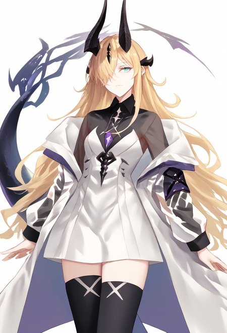 score_9, score_8_up, score_7_up, score_6_up, score_5_up, score_4_up, source_anime, 1girl, solo, 
Eblana, blonde hair, long haior, hair over one eye, hair ornament, dragon tail, dragon horns, strapless dress, white dress, black shirt, long sleeves, see-through sleeves, off-shoulder jacket, white jacket, open jacket, collared shirt, short dress, black sleeves, see-through, black thighhighs, 
masterpiece, best quality, very aesthetic, absurdres,