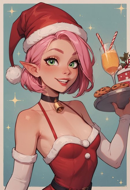 safe_pos, safe_pos, score_9, score_8_up, score_8, 1girl, solo, sexy elf woman, perfect face, thick eyeliner, small breasts, long pink hair, green eyes, perfect detailed face, revealing christmas dress, santa hat, choker with bell, holding a tray of cookies, north pole, christmas decor, sweet smile, looking at viewer