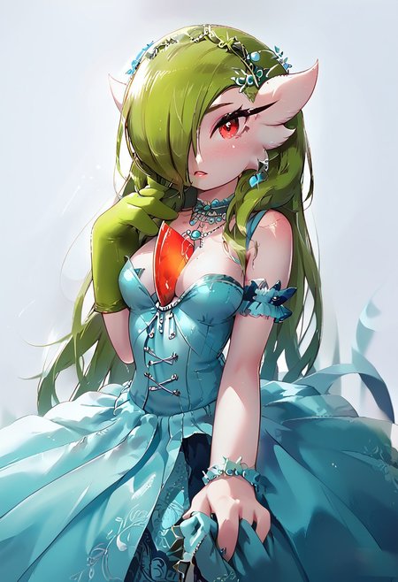 (((gardevoir))), female, furry, (long green hair), pale skin, (score_9, score_8_up, score_7_up), 20 year old, long green hair,  idol dress, perky breasts, hair over breasts, long hair, pretty face, looking at viewer, red eyes, vivid eyes, EGirlMakeup, light freckles, idol outfit, singing, on the stage, volumetric lighting, vivid colours,  g0thicPXL, face focus, Rilex Lenov Art style