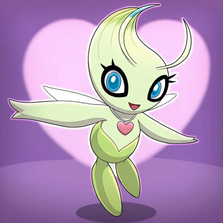 Celebi, light green body, pokemon (creature), female, (((eyelashes))), disney, girly, (((wearing pink heart necklace))), full body, solo, looking at viewer, open eyes, open mouth, happy, smiling, standing, posing, solo, flirty, dancing