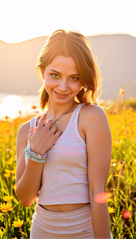 Extremely realistic depiction of a 35 years old beautiful woman, standing on a grassland,full of small flowers, wearing casual tank top striped printed , simple necklace, ear piercing, nose piercing wrist scrunchie, medium hair,  brown wavy hair , asymmetrical bangs,  long fingernails, nail polish,  slightly tanned skin, smiling warmly, outdoors, sunny morning,lens flare,  serene lake, sunrise, intricate details, vibrant colors,   Dynamic Shadows,  
Soft Eyebrow Definition, Glossy Eyes, the Character showing off with a stylish pose.

The atmosphere is calm and reflective, with the autumnal colors contributing to a nostalgic, peaceful mood. The light is soft, with long shadows suggesting the time is either early morning or late afternoon, further enhancing the tranquil vibe.



