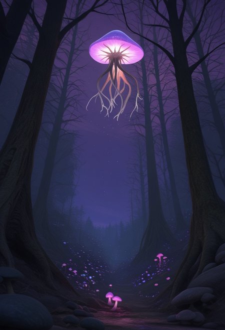 AMAZING QUALITY, MASTERPIECE, W1CK3D, SCENERY, NIGHTMARE, PURPLE SKY, GRIM FOREST, GLOWING MUSHROOMS, LIGHT PARTICLES