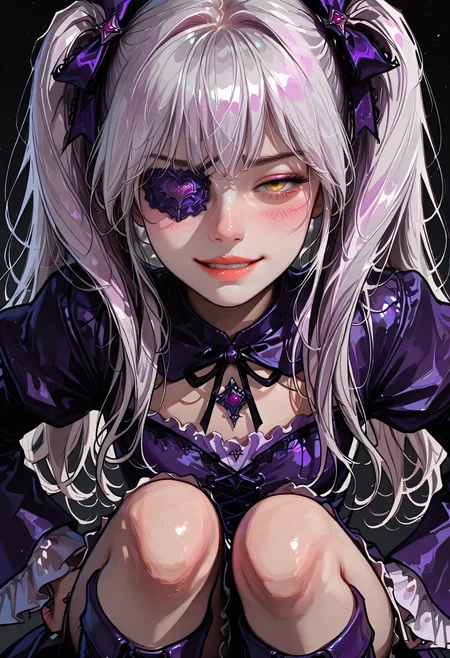 1girl, (shy, half-closed eyes, Bala Suisho (Rozen Maiden), petite, silver hair, long hair, thin twin tails, crystal hair jewellery, golden eyes, purple pink eye patch over left eye, purple gothic outfit, long purple boots, anime female. Woman on her knee, hands on hips, evil grin, upper body, close-up.
sinozick style, flat color, dark theme, in the style of cksc
<lora:DetailedEyes_V3:1> <lora:USNR_STYLE_ILL_V1_lokr3:0.45> usnr <lora:ponyv6_noobV1_2_adamW:0.9> <lora:GENESIS_MK0.2:0.5>  <lora:KoreanStyleSDXLvpred10:1> AiKoreanStyle, lips, korean, asian <lora:KRGRL-IL:1>