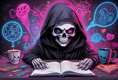 (pui:0.01) 
A (cute, whimsical, big cute eyeholes in skull, ) skeletal figure clad in a dark, billowing robe, hood casting shadow over skull, (death, grim reaper, ) 
(table, skeletal figure, headphones, (lofi-style:1.03), grim reaper in a relaxed setting, cup of coffee or tea, notebook or sketchbook, table lamp casting warm light, )
(trending:0.86) (epic:0.81, )(masterpiece:0.69), (RAW:0.75),high definition,amazing quality, (aesthetic:0.93), <lora:LCMTurboMix_Euler_A_fix.safetensors:0.96:0.3> <lora:sdxl\Hyper_Realism_Pony_XL.safetensors:0.85:0.18>  p16,s19