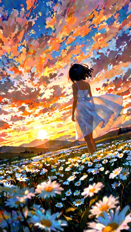 masterpiece, newest,absurdres,incredibly absurdres, best quality, amazing quality, very aesthetic, impressionism, 
1girl, sunset, scenery, cloud, sundress, blurry foreground, daisy, from below, dutch angle, hill, see-through silhouette, 
 <lora:Face_Enhancer_Illustrious:0.5>