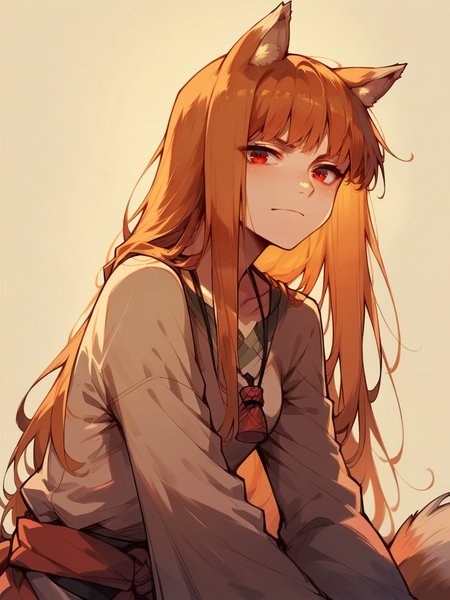 score_9, score_8_up, score_7_up, score_6_up, score_5_up,   <lora:HoloXLP:1> holo, 1girl, wolf ears, long hair, solo, red eyes, ginger hair, wolf tail,