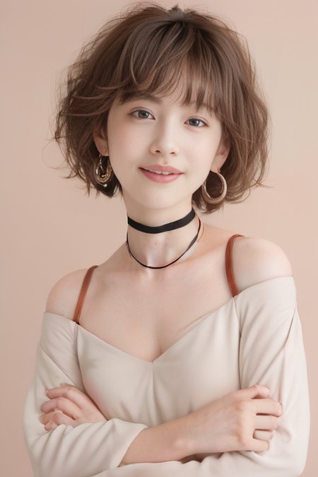 (1girl), (best quality), (masterpiece), (high resolution), (intricate details), (photorealistic), (cinematic light),  <lora:short_hair:0.8>, 
solo, brown hair, nape, blurry, upper body, blurry background, wavy hair, smile,  realistic, looking at viewer, lips, upper body, off shoulder, shirt
white background, upper body, brown eyes, closed mouth,  profile, lips, nose, portrait, earrings, parted lips, black choker, ear piercing
sleeves past wrists, simple background ,