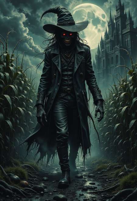 Gothic surrealism, dynamic low-angle shot: An ominous scarecrow in a tattered black trench coat with jagged edges, mid-stride, wide-brimmed witch hat casting deep shadows, glowing red eyes burning with malice, sharp, jagged grin gleaming, walking purposefully through a desolate, mist-shrouded cornfield, dead cornstalks clawing upwards like skeletal hands, dark puddles reflecting his eerie figure, sharp teeth, evil smile, full moon high above casting cold, silver light, dark clouds swirling ominously, the silhouette of a distant haunted gothic castle with towering spires looming on the horizon, dead twisted trees surrounding the scene, muted dark tones, deep contrasting shadows, eerie and foreboding atmosphere, tension and fear building with every step.