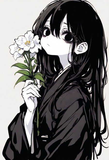 1girl, solo, black eyes, thick eyelashes, black hair, long hair, hair between eyes, black kimono, long sleeves, upper body, closed mouth, holding flower, white flower, looking at viewer, simple background, masterpiece, best quality, amazing quality, ma1ma1helmes_b_illu, sketch,sometyome_illu