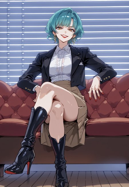 safe_pos, score_9, score_8_up, score_7_up,source_anime, high res image,masterpiece,best quality, simple background, rating safe
sagawa

1girl, solo, source_vanillaware, turquoise hair, pale skin, red lips, black greaves, smug, subtle smirk,

red nail polish

mature,

earrings, black jacket, formal, suit, collared shirt, white shirt, brown skirt, looking at viewer, sitting, crossed legs, black high heels, seductive smile, from below, 

BREAK blue sky, sunlight, indoors, window, window blinds, couch,
glittery lips, large lips, thick lips, full lips
