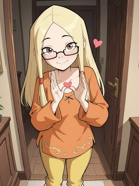 (masterpiece,best quality,newest,absurdres,highres), Gr3taBarrym0re, 1girl, solo, long hair, blonde hair, glasses, orange shirt, long sleeves, yellow capri pants, looking at viewer, sending kisses, love, heart symbol  <lora:Greta_Barrymore_IllustriousXL:0.8>