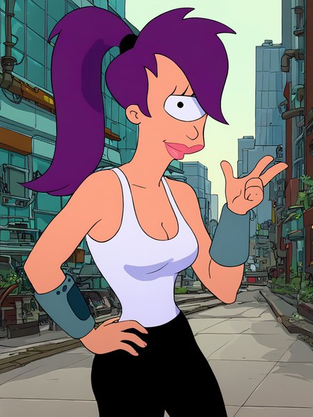 <lora:LeelaPony1.0:1> leela, 1girl, purple hair, one-eyed, cyclops, ponytail, long hair,white tank top,black pants solo, breasts, cleavage, lips,looking at viewer, hand on own hip,smile,standing, city, science fiction,   score_9, score_8_up, score_7_up,  <lora:Jabstyle_AMXLV1:0.8>