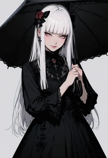 adult,
1woman,
masterpiece, newest,absurdres,incredibly absurdres, best quality, amazing quality, very aesthetic,
original,black bow,black dress,black umbrella,blunt bangs,blush,bow,bright pupils,closed mouth,cowboy shot,cross,cross earrings,dress,dress bow,earrings,flower,frilled sleeves,frills,grey background,hair bow,hair flower,hair ornament,hands up,holding,holding umbrella,jewelry,long hair,long sleeves,looking at viewer,pink eyes,red brooch,red flower,red rose,rose,sidelighting,simple background,smile,solo,straight hair,tsurime,umbrella,under umbrella,very long hair,white hair,wide sleeves,white pupil,frilled dreft 
 <lora:GTHAN2:0.8> <lora:DRKWB:0.3> DRKWB <lora:Sinozick_style:0.4> Sinozick_illu,gradient,spot color