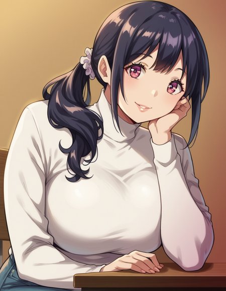 score_9, score_8_up, score_7_up, source_anime, <lora:hitomi-rinmuro-ova-ponyxl-lora-nochekaiser:1>, hitomi rinmuro, long hair, large breasts, black hair, hair ornament, purple eyes, ponytail, scrunchie, hair over shoulder, lips,, sweater, turtleneck, long sleeves, pants, denim, white sweater,, indoors, smile, looking at viewer, solo, sitting, head rest, table,, cowboy shot, dutch angle