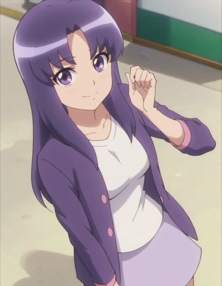 score_9, score_8_up, score_7_up, anime screencap, solo,1girl,hikawaiona,purple skirt, smile,purple jacket, looking at viewer, white shirt,  long sleeves,medium breasts,cowboy shot, blush,<lora:hikawaiona:0.8>