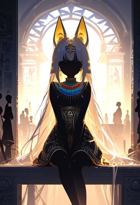 (masterpiece, best quality), (score_9, score_8_up, score_7_up,source_anime), 4K8K, high res image, Uncorrected, white print, lineart print, print, 
from front, upperbody, portrait, 
Ankha_(Animal_Crossing), (solo:1.3), 
(animals), silhouette, backlit, backlighting, dark night, Porcelain Mix Gold, pmg style, 
(golden lines, white silhouette skin, Skin like porcelain), 
sitting, bent over, spreading legs, Arms between legs, Porcelain wall, (small stature, petite:1.3), (breasts:1.1), (white hair, verry long hair, cat ears),
(wearing Porcelain clothing, Porcelain Egyptian-style dress),