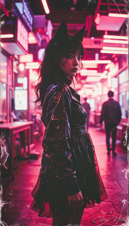 Neo Photorealistic Art Style, A Japanese girl with long fox ears and flowing black hair stands confidently in futuristic fashion. Surrounded by a maze of glowing tube lights, she embodies Neo-Japan surrealism, blending avant-garde style with cutting-edge elegance.