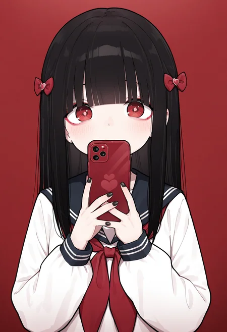 masterpiece,best quality,amazing quality,
1girl, solo, red eyes, red theme, phone, holding, long hair, black hair, bangs, heart, bow, hair ornament, holding phone, hair bow, cellphone, looking at viewer, red bow, sailor collar, school uniform, heart hair ornament, upper body, long sleeves, shirt, blunt bangs, black nails, serafuku, flower, makeup, nail polish, neckerchief, smartphone, red flower,
 <lora:Healthyman_epoch_10:1>