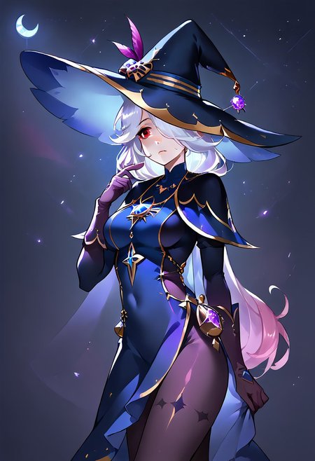 SCORE_9, SOURCE_ANIME, SOLO, 1GIRL, CHIARA, WHITE HAIR, PINK HAIR, GRADIENT HAIR, RED EYES, HAIR OVER ONE EYE, HAIR TIED, TEAR MARKS, WITCH HAT, WITCH DRESS, CAPE, GLOVES, PANTYHOSE, PORTRAIT, BREAK, SPOOKY FOREST, NIGHT