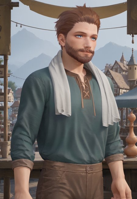 safe_pos, score_9, score_8_up, score_7_up, source_anime, rating_nsfw, ultra hd, absurdres, solo, masterpiece, best quality, best aesthetic, Expressiveh, 1boy

InfinityNPietro, brown hair, beard, facial hair, blue eyes, green shirt, towel around neck, brown pants, market background
