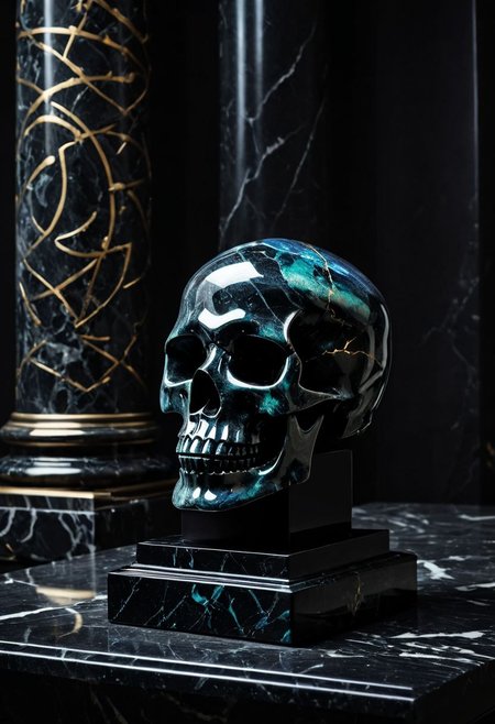 Fujifilm XT3, Sony A7 IV, (award winning photography) a (black: 0.89) marble skull made of opal (Kintsugi: 0.89) set on a pedestal in temple, glistening. in the background beautiful pillars, divine (iridescent: 0.79), opalescent textures, volumetric light, ethereal, sparkling, studio photo, highly detailed, sharp focus (highest quality: 1.39) (highest coherency: 1.39) (award winning photography), highly detailed photography, (muted colors, cinematic, dim colors, soothing tones:1.2), vibrant, insanely detailed, hyperdetailed, (dark shot:1.2), (vsco:0.3), (intricate details:0.9), (hdr, hyperdetailed:1.2) (vignette), sss, raw photo, fijifilm, kodak, cinematic film grain