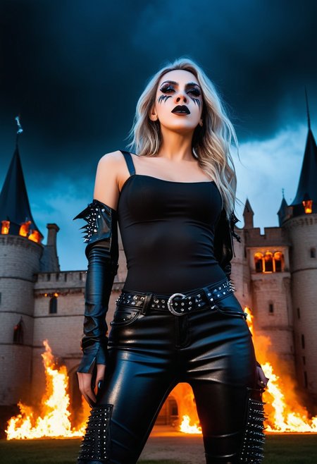 (Confident, strength, perky breasts, lips, long  hair, erotic:1.2), Stunning female model. black leather pants. Spiked pauldrons. Gothic face paint. Standing in front of a gothic castle. Pyrotechnics in the background, burssts of flame . (((Screaming))). Looking at viewer. Erotic, seductive, NSFW, sensual. Highly detailed beautiful expressive eyes. Wet look hair. Studio quality dynamic lighting. Sterile, portrait photography. 8k, RAW photo, best quality, ultra high res, intricate, photorealistic, masterpiece, ultra-detailed, crisp.