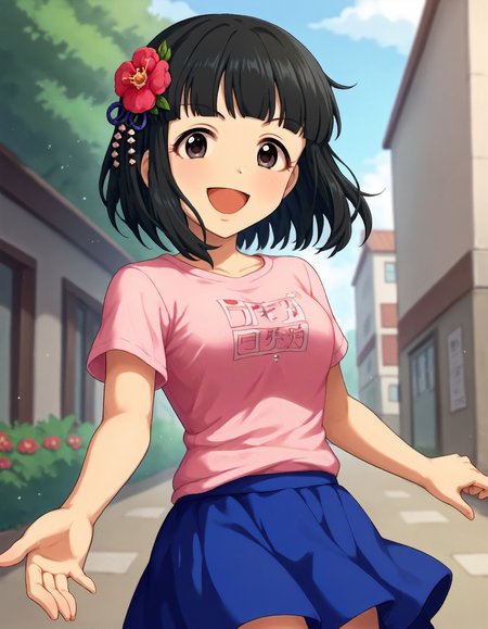 score_9,score_8_up,score_7_up,1girl,solo,cowboy shot,looking at viewer,smile,open mouth,outdoors, <lora:niwahitomi_ponyXLV6:0.8>,cgnht,
black hair,medium hair,blunt bangs,grey eyes,
hair flower,pink T-shirt,blue skirt