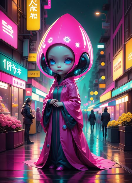 Color scheme of neon pink, neon blue, neon yellow, neon green, hyperrealistic art  <lora:sss:0.6> cute little Japanese (alien:1.3) anime, neon lights, foggy night, stunning (full body shot) anime art by (Mark Ryden:1.1) <lora:Nicoletta_Ceccoli_2:0.4> Nicoletta Ceccoli <lora:another-bored-monsters:0.65> fx-monsters <lora:AnotherBoredDetailXL:0.7>,  <lora:70s_Sci-Fi_Art_XL:0.8> <lora:g0th1cXL:0.8> g0th1cxl, glowing, neon . extremely high-resolution details, photographic, realism pushed to extreme, fine texture, incredibly lifelike, subsurface scattering, Photorealistic, Hyperrealistic, analog style, realistic, film photography, soft lighting, heavy shadow