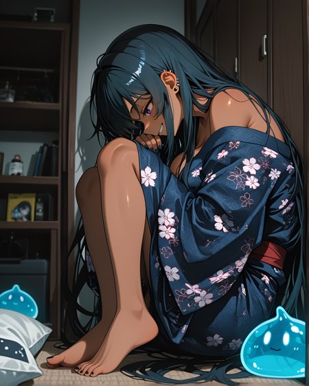 Dark Theme, blurry background, very long hair, RTX, tied loosely to show the legs., best quality, close-up face, glow, Satyr / Faun, Lying with legs elevated on wall, pair of throwing axes, slime_(creature), 8K, Bedroom closet interior, dark skin, clothes hanging, Kensei (Sword Saint), masterpiece, ultra-detailed, Yukata with a vibrant floral pattern, ambient occlusion, Kinuho Wannai (A Certain Scientific Railgun), 2boys, barefoot, long hair, anime character, eyes suddenly glow faintly from back of closet., newest, absurdres, very aesthetic, depth of field, dark corners, Fisheye Lens Effect, Mocha hair, nail_polish, absolutely eye-catching, 1girl, motion_blur:1.1, grin, ear_piercing, amazing quality, huge breasts, motion_lines:1.1