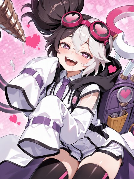 vanquish soul dr. mad love, 1girl, pixel heart, solo, open mouth, smile, blush, looking at viewer, heart-shaped pupils, see-through sleeves, single sleeve past fingers, teeth, cone \(weapon\), hood down, saliva, backpack, white hair ornament, goggles on head, white collared shirt, white labcoat, purple necktie, single white glove, black short shorts, black thighhighs, extra mechanical arms, drill, polka dot background,,
masterpiece,best quality,amazing quality,very aesthetic,absurdres,newest,<lora:Vanquish Soul Dr. Mad Love illusXL v1.1:0.72>,