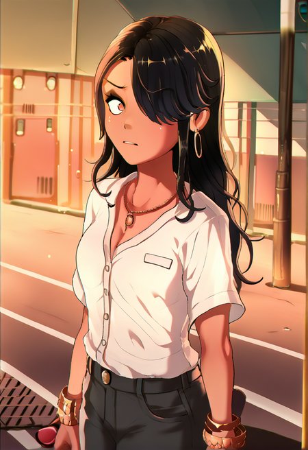 source_anime, score_9, score_8_up, score_7_up, score_6_up, score_5_up, score_4_up, 1 girl, solo, <lora:Chika_Chosokabe_from_LIL_PonyXL:1>, chika, gyaru, breasts, black hair, hair over one eye, bangs, <lora:shadman_style_v4:1>,(oasis, Taking a road trip),