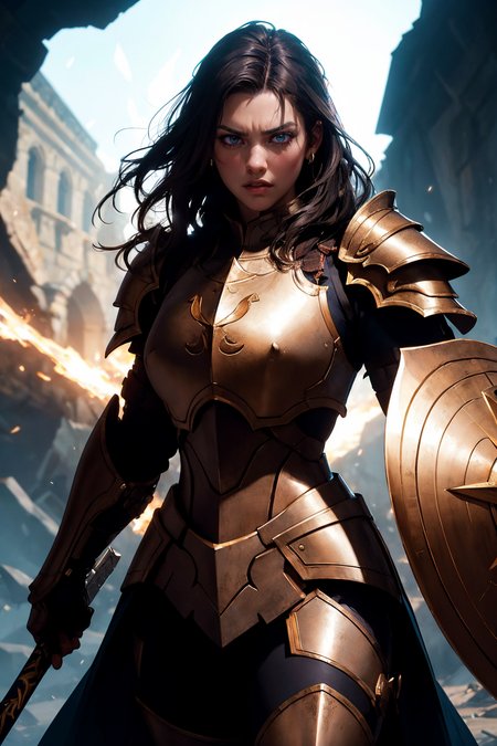 an illustration of a female paladin adorned in holy armor, wielding a holy shield, furrowed brow, 
masterpiece, best quality, intricate detail, high background detail, high contrast,   <lora:emotion_angry_slider_v1:1> raytracing,  <lora:backlight_slider_v10:-1> <lora:contrast_slider_v10:2>