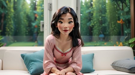 princess Mulan, <lora:princess_pony_v1:0.6> g00dp0rt, 1girl, on couch, solo, sitting,dress, blurry background solo, , l0r4cchd <lora:cchdcustomlogolessmerge:0.75> doggy, zPDXL3 zPDXLxxx