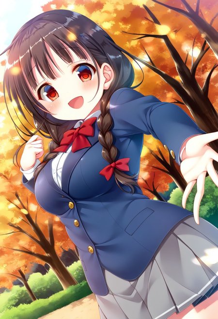 score_9, score_8_up, score_7_up, source_anime, (nsfw:1.0), BREAK, 
mitsumomo style, 
(cute 1girl), (shortstack:0.9), (large breasts), red eyes, (tareme:1.5), dark brown hair, braids, (low twinbraids), red ribbon, 
school uniform, bow, red bow tie, blazer, (blue blazer, close:1.3), mini skirt, gray skirt, 
smile,  
angle:random, looking at viewer, 
outdoors, autumn season,