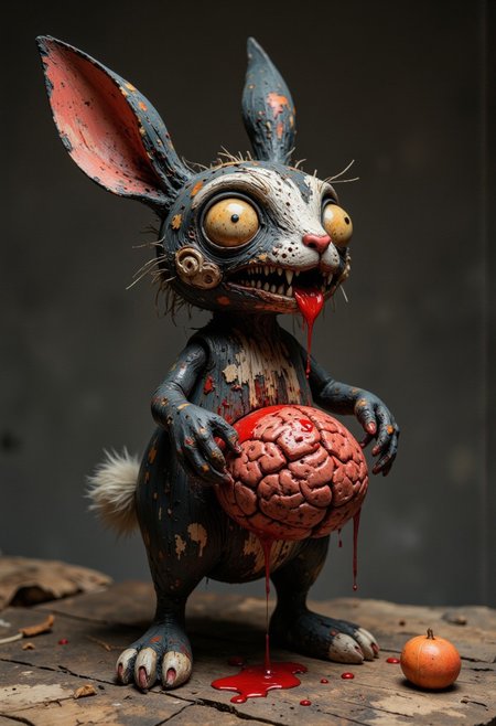 A high-quality, body shot close-up photograph of a ck-owct style hand-painted wooden Christmas toy featuring a skinny one-arm cute little black zombie rabbit with a ripped ear, long teeth and eating a human brain flowing with blood.
