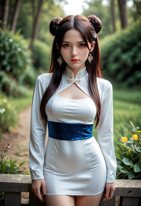 lazypos,masterpiece,ultra-HD,photorealistic,high detail,best quality,very aesthetic,8k,best quality,sharp focus,realistic,three quarter face shot,depth of field,shallow depth of field. 1girl,cowboy_shot,looking at,
viewer,lipstick, makeup, 
solo,dress,hair_ornament,long_hair,black_hair,jewelry,white_dress,earrings,expressionless,hair_bun,closed_mouth,chinese_clothes,blue_dress,long_sleeves,brown_hair,medium breasts,thighs,<lora:0  sdxl_lightning_4step_lora:0.7>,<lora:0  cfg_scale_boost:0.7>,<lora:1 xm a½æ¼« pony-c°cµa§¬ee¡£æ³ac_v1.0:0.7>