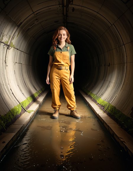 A young woman, April O'Neil, stands confidently in front of a large, circular sewer pipe,L4rg3 s3w3r p1p3. She has vibrant red, shoulder-length wavy hair and wears her iconic bright yellow jumpsuit with utility-style details, such as rolled-up sleeves and visible pockets. A brown utility belt is fastened around her waist. She holds a microphone or a small camera in one hand, highlighting her role as a journalist. Her expression is determined and slightly smiling, radiating courage and curiosity.
The sewer pipe behind her is massive and weathered, with green moss and moisture stains around its edges. The interior of the pipe is dark and shadowy, while the exterior is illuminated by soft natural light. There is a small puddle of water or wet ground in front of the pipe, reflecting faint light.
The background features an urban, industrial setting with worn brickwork surrounding the sewer opening, showing signs of age and decay. Small wild plants and grass grow around the base, adding a touch of nature to the scene.
The lighting is soft and dramatic, with natural sunlight streaming in and casting gentle reflections on the ground and inside the pipe. The image is styled as a semi-realistic illustration with vivid, bright colors for April O'Neil, contrasting with the muted, earthy tones of the background. The overall mood is adventurous and cinematic.<lora:SDXLFaeTastic2400:0.4> <lora:extremely_detailed:0.4> extremely detailed, <lora:L4rg3_s3w3r_p1p3:1>, Masterpiece,best quality,hi res,8k,hi res,8k,award winning,(sharp focus, intricate, highly detailed),